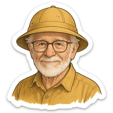 An elderly man with white hair and beard, wearing glasses and a yellow explorer hat sticker