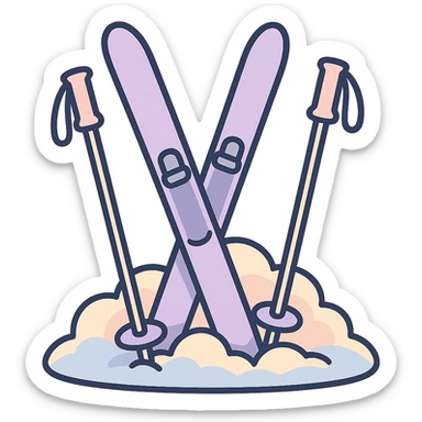 cross-country skis and poles on the sides, stuck at an angle into a snowdrift, snow piled up around the bases, detailed shading, thin clean outlines, soft rounded features, pastel palette #98B5BC #B5B3C1 #C9A3C9 #E4C0CA #F7DCD1 #F7C0AA, Japanese pop art, sticker look, highly detailed, vector clarity, soft lighting, subtle shadows, transparent background sticker