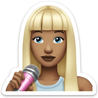 Blonde haired singer with long straight hair and bangs holding a pink microphone and the girl has blue eyes and pink-red lips and a pastel yellow, pastel pink, pastel blue and pastel purple clouds beside her sticker