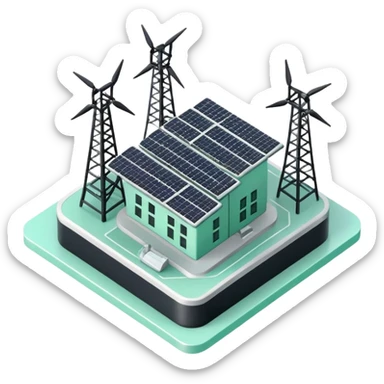 Énergie (Energy), 3D technical icon with black and mint green (#B5F4D3), energy regulatory framework with power grid schematics and compliance metrics sticker