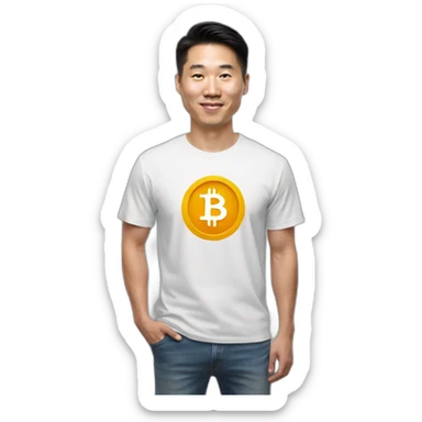 Chinese man with bitcoin shirt sticker