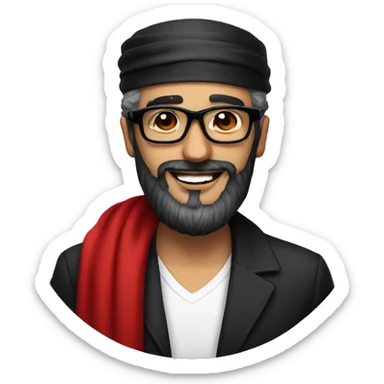 man in black glasses and black beard with red arafat smiling  sticker