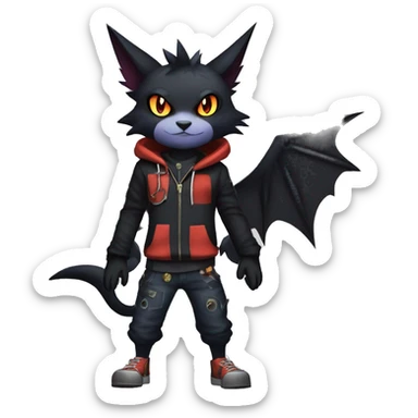 Cool Anthro Black Noibat-Quilava-Litten-Pokémon with edgy stripes hoodie spiked collar punk Full Body sticker