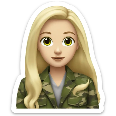 White girl with Long blonde hair and green eyes, camouflage Wool oversize blazer sticker