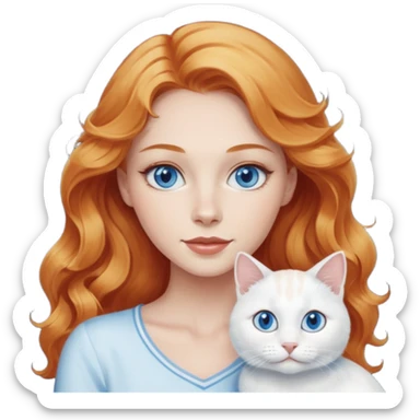 Long wavy strawberry blonde blue eyes woman with a white cat with blue eyes sticker