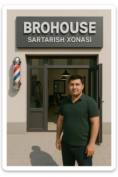 eni shu rasimga manashu odamga uxhshasin sartaosh eshik oldida tursin va tashqarida esa mijoz sticker