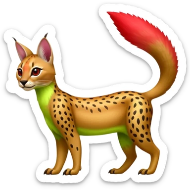 Colorful cute adorable tropical exotic fruity kiwi-green lemony rosy neon-red Caracal-Cheetah-Civet-Leopard-Trico-Sergal-Vernid-fusion-hybrid-animal-creature, full body, with tribal markings sticker