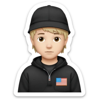 white  teen boy with short mullet haircut and black American flag flat bill hat at and wearing Carhartt sweatshirt sticker