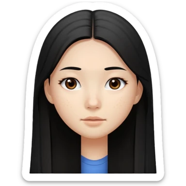 A white asian girl with long black straight hair and brown-black eyes. She has an oval face and acne on her cheeks. sticker