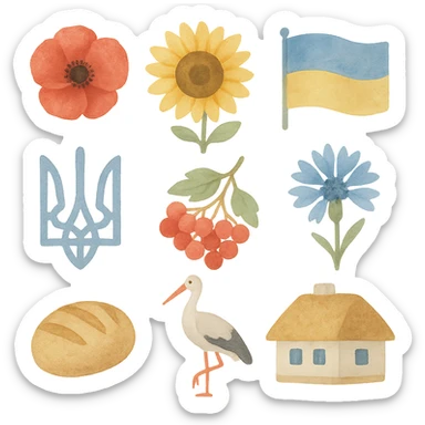 3D painted style icons: red poppy, sunflower, Ukrainian flag, trident, viburnum, cornflower, bread, stork, Ukrainian house. 2x3 grid, organic spacing, transparent background, artistic brush strokes, pastel colors, light graininess, uneven edges, handmade effect, camera angle 25°. sticker