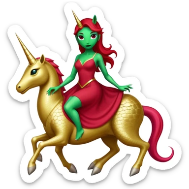 "reptilian green alien woman" in "long slim dark red dress", rides, "unicorn gold and white"
 sticker