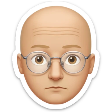 Oval bald head, light skin, thin arched eyebrows, small almond eyes with rimless glasses, straight nose, neutral closed lips, smooth jawline, calm serious expression sticker