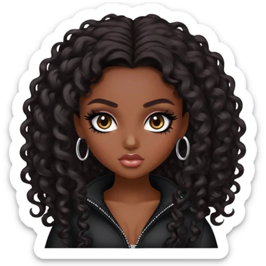  long curly dark hair, dark skin skin, dark brown eyes, pretty bratz baddie, black eyeliner sticker