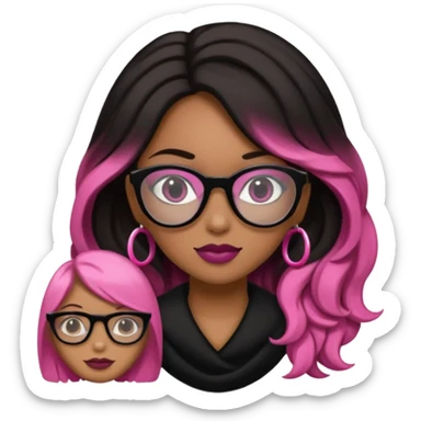 Una chica con pelo negro y lentes rosados, con una impresora negra y dos perras, la primera de color marron y la otra negra sticker