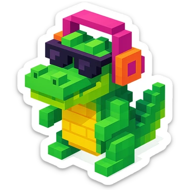 voxel style crocodile with headphones and sunglasses, isometric view sticker