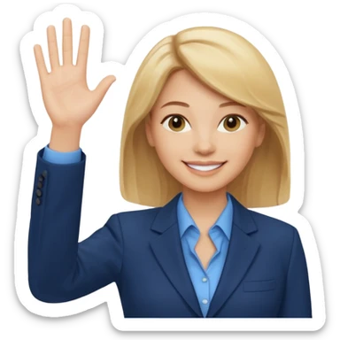 Make emoji of business woman with light skin and medium blonde hair in a dark blue business suit and light blue shirt waiving to new clients sticker