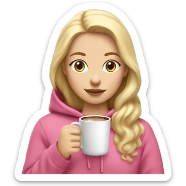 White girl with blonde hair holding hot chocolate in pink hoodie sticker