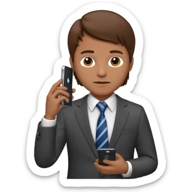 Un hombre de traje con tez media pelo color castaño, vestido con traje camisa y corbata y celular en mano .  sticker