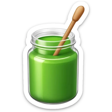 A small open plastic jar of vibrant green wax, wooden stick inside sticker