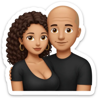 A picture of an embracing tanned couple. the man is a Mexican man with tanned skin, with a bald hair cut, and wearing a black shirt. the woman is mixed, glasses,  with long curly dark brown hair and with big boobs. Remove the glasses from the man sticker