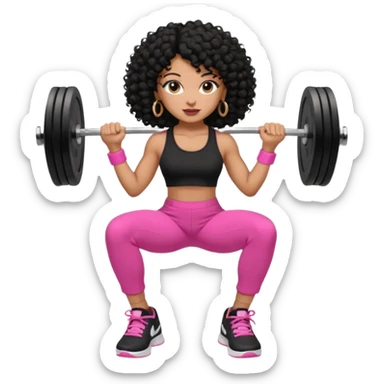 Black woman, adult, 4C black curly hair, dark brown eyes, wearing black top, pink pants, black sneakers, gold hoop earrings levantando peso sticker