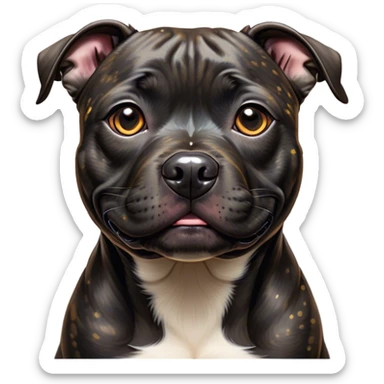 Cinematic Cute Black/Brindle Staffordshire Bull Terrier Portrait Emoji, Head tilted playfully and inquisitively, featuring a glossy Fur with a dynamic mix of black and brindle, round, sparkling dark eyes filled with curiosity, Simplified yet irresistibly adorable features, highly detailed, glowing with a warm, friendly glow, high shine, affectionate and spirited, stylized with a touch of whimsy, bright and endearing, soft glowing outline, capturing the essence of a mischievous yet loving pup, so playful it feels like it could bound out of the screen and into your arms! sticker