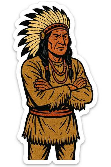 The full body of A native American Indian chief from the 1800s standing looking concerned with his arms crossed sticker