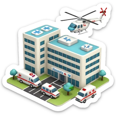 3d hospital outside, with text hospital, ambulance, helicopter sticker