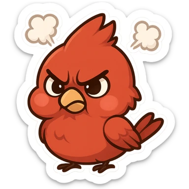 Chibi red male cardinal frowning with puffed cheeks and furrowed brows, steam puffs above head, angry but cute emoji. sticker