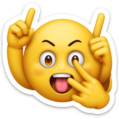 mischievous emoji face with middle fingers as eyes and a crazy, intense tongue sticking out sticker