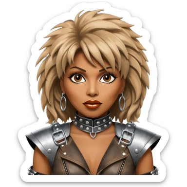 solarpunk ultra HD - portrait of Tina Turner in costume from the movie Mad Max Beyond Thunderdome, dramatic backlit by silver spotlights sticker