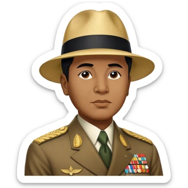 ​Cinematic Realistic Portrait of Sukarno, depicted in a lifelike, realistic style based on his iconic portrait, showcasing his thoughtful, charismatic expression in period attire, rendered with detailed textures and warm, evocative lighting that captures his pioneering spirit and national pride, sticker