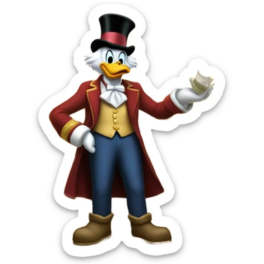 a slim successful looking scrooge mcduck standing atop a pile of money sticker