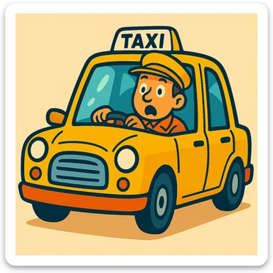 Cabbie in yellow taxi with a surprised expression, vibrant cartoon style. sticker