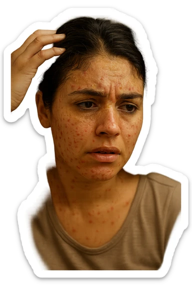 A highly realistic, cinematic close-up portrait of a young woman in her late 20s with medium skin tone, displaying visible folliculitis and seborrheic dermatitis. Small, red, inflamed follicular papules and pustules are scattered along her hairline, jawline, and upper neck, indicating folliculitis. Her scalp and areas around the nose and eyebrows show flaky, greasy yellowish scales, with redness and irritation, indicating seborrheic dermatitis. Her hair appears slightly greasy and clumps near the scalp, emphasizing excess sebum production. She gently touches her irritated scalp with concern while looking at herself in a softly lit bathroom mirror, expressing discomfort and frustration. The environment is neutral and clean, with daylight softly illuminating the scene to highlight the skin and scalp texture. The style is 35mm hyperrealistic, with warm neutral tones and shallow depth of field to maintain focus on her skin, inflammation, and emotional expression, visually explaining the physical discomfort and aesthetic concerns of living with folliculitis and seborrheic dermatitis sticker