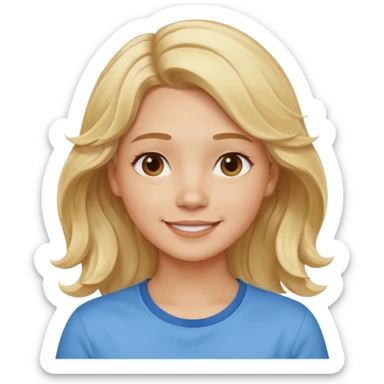 Happy blond girl with light weavy hair with a blue shirt but we can see only her face and neck and the top of the t shirt, no whole body sticker