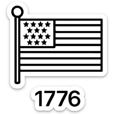 Add the text '1776' in bold black font below the horizontal modern icon style black and white American flag, keeping the style and background transparent. sticker