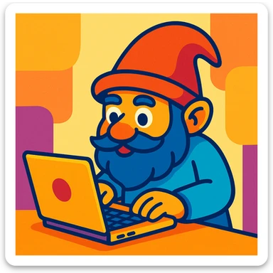 a gnome typing on a laptop, in a colorful, vibrant toon style sticker