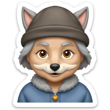 The big bad wolf is wearing Grandma's clothes and a hat, yet its face still looks like a wolf's. sticker