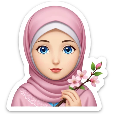 Turkish beautiful finish Konya girl blue eyes with hijab islamic dress and had on her hand cherry blossom sticker