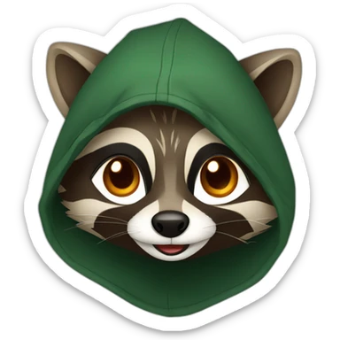 brown raccoon with orange eyes and a dark green hood that is laughing sticker