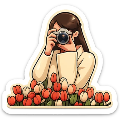 A girl with a camera in retro sticker style, with clear bold outlines, expressive shadows and highlights. The illustration should be vibrant and playful, with a focus on the camera and the girl's pose. Match the style of the reference image. sticker