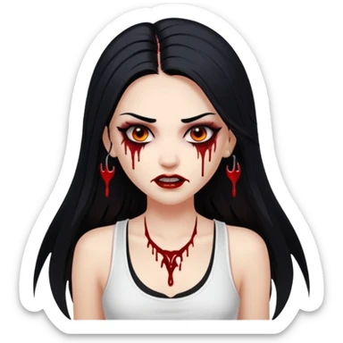 White woman with a white tank top long black hair glossy middle part long hair vamp look with fangs or blood dripping brown eyes eyeliner winged with lashes top and bottom sticker