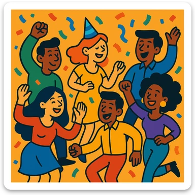 Another group of people dancing and celebrating at a party, confetti in the air, vibrant cartoon style, different poses and outfits from the original. sticker