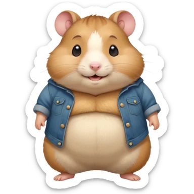 Cute chubby cartoon-style hamster wearing oversized pants that look too big, proud and smiling expression. Painterly shading, white background, sticker-style illustration sticker