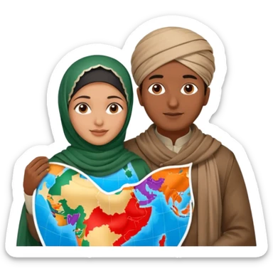 An emotional artistic illustration of an Indian man and an Afghan hijabi girl standing on the maps of India and Afghanistan, symbolically embracing despite the distance, showing love beyond borders. sticker