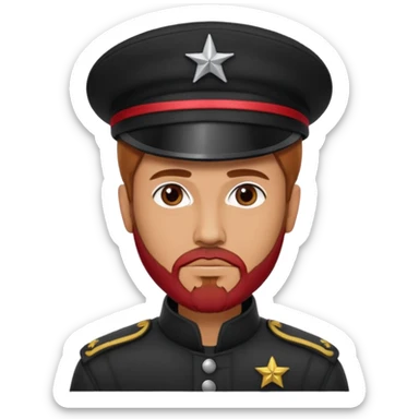 A full body tall guy with a red goatee. He wears a black military barret dressed like a star wars smuggler  sticker