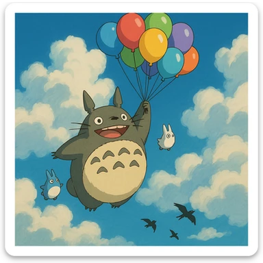 Totoro floating high in the sky, joyfully holding onto a bunch of colorful balloons, with small Totoros trailing behind him and fluffy clouds parting around them as birds fly nearby. sticker