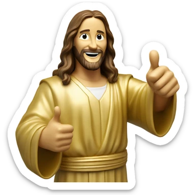 Buddy Christ holding up thumbs up with one hand pointing at you  with other, made of gold  sticker