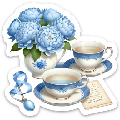 A serene still life of a vintage porcelain teacup with delicate blue floral patterns, resting on a lace tablecloth, accompanied by a handwritten love letter tied with a pearl ribbon and surrounded by white peonies and pale blue hydrangeas. sticker